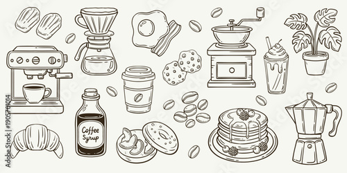 Home Cafe Line Illustration Set, Coffee Brewing Tools and Desserts Vector Icons