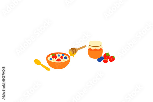 A flat illustration of a healthy breakfast featuring a bowl of oatmeal topped with strawberries and blueberries, accompanied by a honey jar, a dipper, and a spoon on a black background.