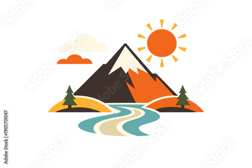 A minimalist flat vector illustration of a mountain landscape featuring a snow-capped peak, a bright orange sun, clouds, evergreen trees, and a winding river on a black background.
