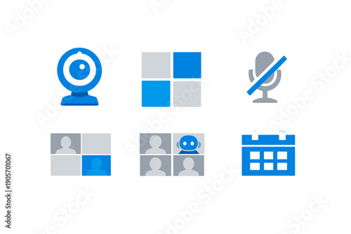 A collection of six minimalist icons related to video conferencing and online meetings, featuring a webcam, microphone, calendar, and participant grids on a black background.
