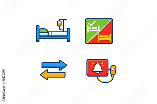 A collection of four medical icons including a hospital bed with an IV stand, status indicators for bed availability, directional arrows, and a patient call bell system.