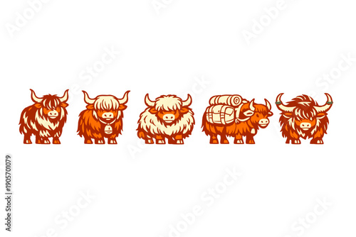 A set of five stylized orange and cream yak illustrations arranged in a horizontal row against a solid black background. Each yak features unique details like bells and packs.