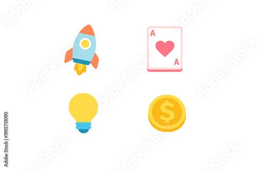 A collection of four colorful flat icons featuring a rocket ship, an ace of hearts playing card, a yellow light bulb, and a gold dollar coin isolated on a black background.