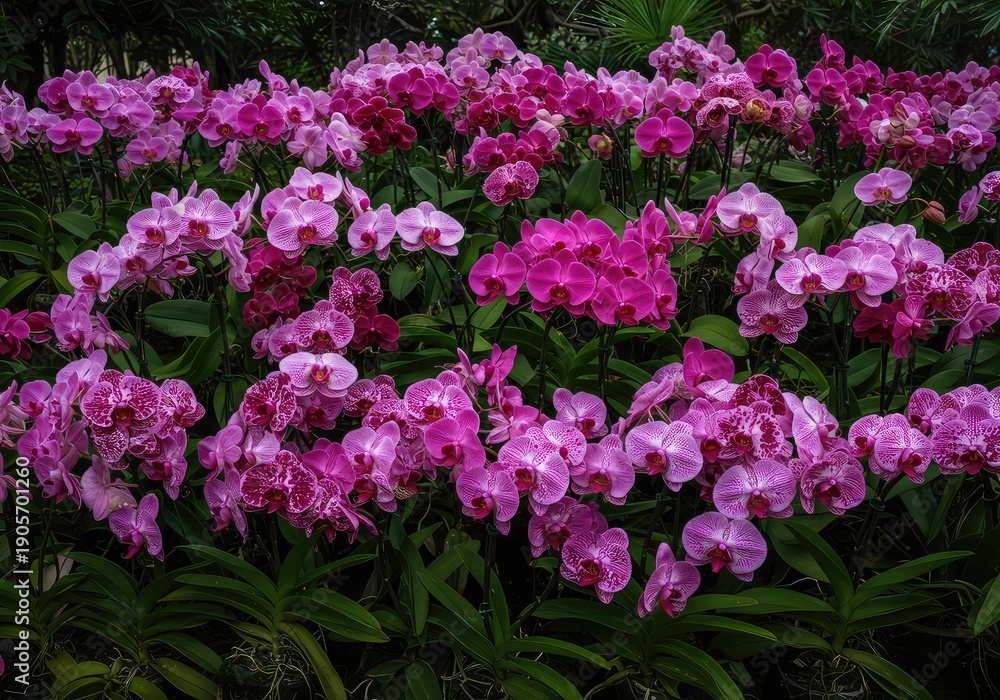 Obraz premium A stunning, close-up view of an overflowing, vibrant orchid flowerbed featuring numerous colorful blooms in a lush garden setting ,decoration ,green ,flowering