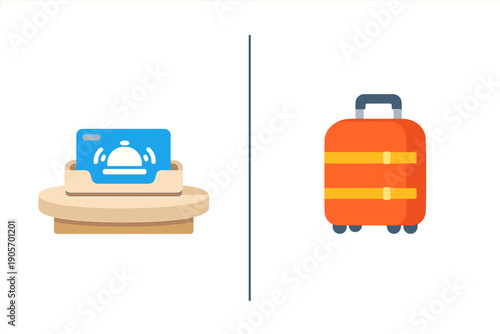 A flat illustration featuring a blue service bell card in a holder on a table next to an orange suitcase with yellow straps, separated by a vertical line on a black background.