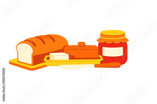 A stylized illustration of breakfast items including a loaf of bread, a butter dish with a knife, and a jar of jam, set against a black background in a papercut art style.