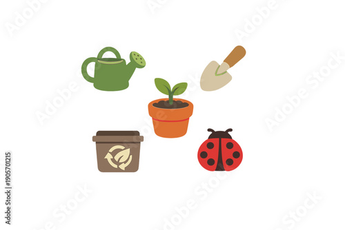 A collection of gardening icons including a green watering can, a potted plant, a hand trowel, a compost bin with a leaf symbol, and a red ladybug, all set against a black background.