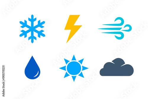 A collection of six minimalist weather icons including a snowflake, lightning bolt, wind, water drop, sun, and cloud, all set against a solid black background for high contrast.