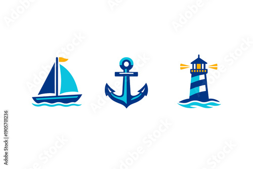 A collection of three nautical icons featuring a sailboat on waves, a large anchor, and a lighthouse with light beams, all designed in a stylized blue and yellow color palette on a black background.
