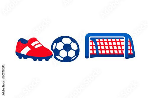 A stylized illustration featuring a red and blue soccer cleat, a blue soccer ball, and a blue soccer goal with a red net, all set against a solid black background.