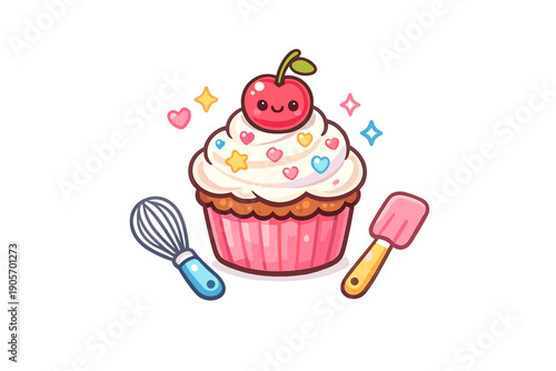A cute kawaii cupcake with pink liner and white frosting decorated with colorful heart and star sprinkles, topped with a smiling cherry, flanked by a whisk and a spatula on a black background.