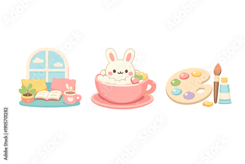 Three cute illustrations featuring a cozy reading nook by a window, a white bunny in a pink teacup with marshmallows, and an artist palette with a brush and paint tube.