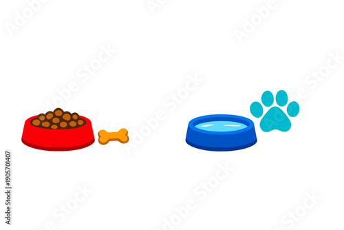 A vector illustration featuring a red bowl filled with dry pet food and a bone treat, alongside a blue bowl of water and a light blue paw print icon, all set against a black background.