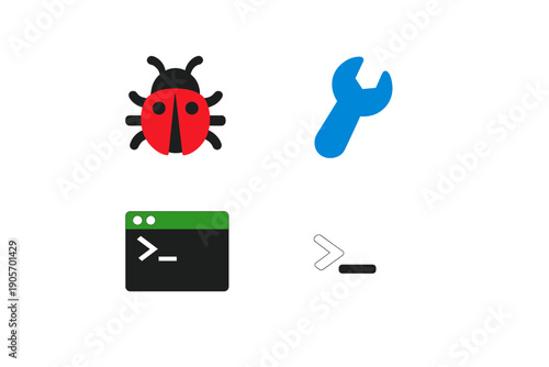A collection of four flat icons on a black background representing software development, including a red ladybug bug icon, a blue wrench tool, and two terminal command prompt symbols.