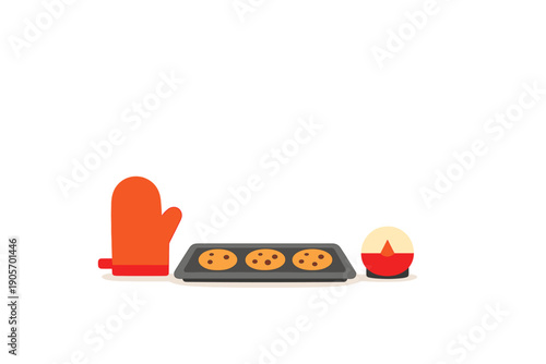 A flat illustration of an orange oven mitt, a baking tray with three chocolate chip cookies, and a kitchen timer on a light surface against a solid black background.