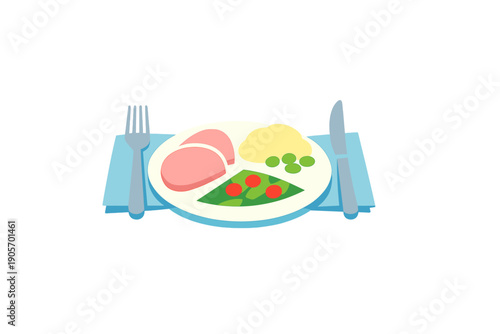 A cartoon illustration of a dinner plate featuring ham slices, mashed potatoes, peas, and a vegetable slice. The plate sits on a blue napkin with a fork and knife on a black background.