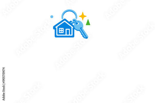 A blue house-shaped keychain with a metal key attached to a ring, set against a black background with a yellow star and green triangle. Ideal for real estate and home ownership concepts.