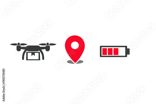 A black drone carrying a package is shown alongside a red location pin and a battery icon with three red bars. The graphic elements are set against a solid black background.