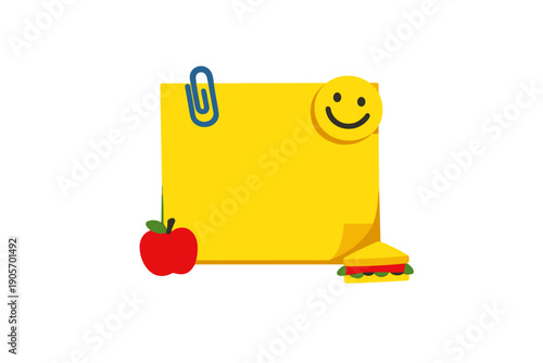 A yellow sticky note is decorated with a blue paperclip and a smiley face sticker. A red apple and a sandwich are placed at the bottom corners against a black background.