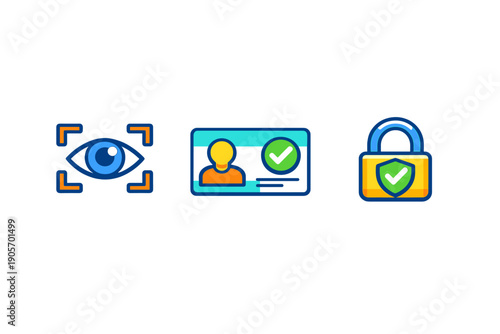 Three colorful security icons on a black background featuring an eye scan for biometric authentication, a verified identity card, and a locked padlock with a protective shield.