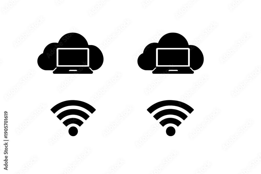 Fototapeta premium This set of four black icons includes cloud computing symbols with laptops and wireless network signal graphics. The minimalist design is suitable for digital technology concepts.
