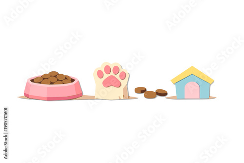 A collection of pet care icons featuring a pink bowl of food, a paw print symbol, and a small blue doghouse with a yellow roof, all rendered in a stylized paper-cut 3D design.