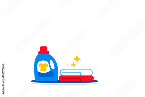A flat vector illustration of a blue laundry detergent bottle with a red cap next to a stack of folded towels and sparkling stars, representing clean laundry on a black background.