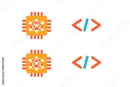 This image displays a collection of four digital icons on a dark background, including orange processor chips with network nodes and coding symbols with brackets and slashes.