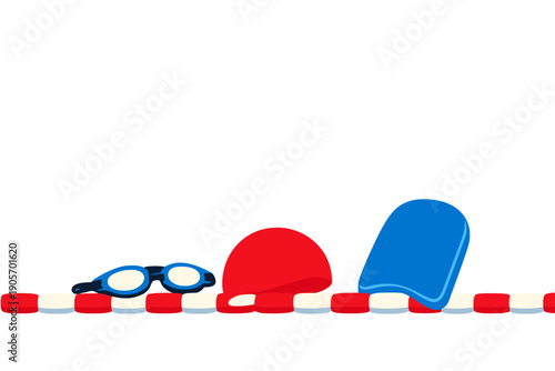 An illustration of swimming equipment including blue goggles, a red swim cap, and a blue kickboard resting on a red and white lane divider against a black background.
