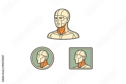 A stylized illustration of a human head and shoulders with anatomical or robotic grid lines, presented in three variations including circular and square framed icons on a black background.