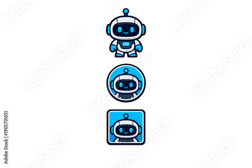 Three variations of a cute white and blue robot mascot character. The set includes a full body standing pose, a circular icon, and a square icon on a black background.
