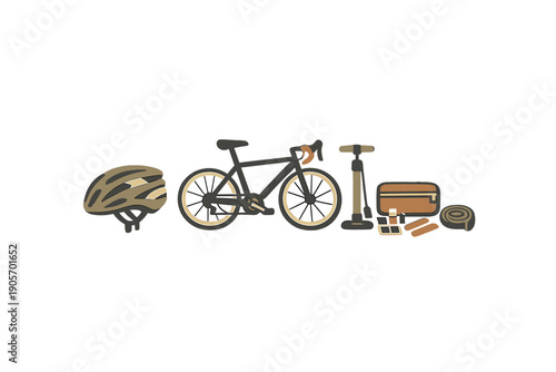 This minimalist illustration features a road bicycle, a safety helmet, a tire pump, and a maintenance kit arranged in a row against a solid black background.