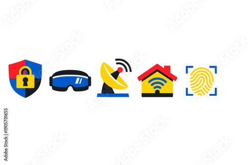 A set of five colorful technology icons including a security shield with a padlock, virtual reality goggles, a satellite dish, a smart home with internet, and a biometric fingerprint scan.