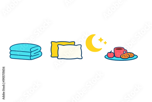 A collection of bedtime icons including a stack of blue blankets, two pillows, a yellow crescent moon with stars, and a snack tray with a mug, apple, and cookies on a black background.
