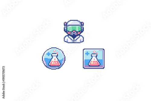 A pixel art set featuring a scientist character in a lab coat and helmet, plus circular and square icons showing a laboratory flask with pink liquid and a small medical cross symbol.