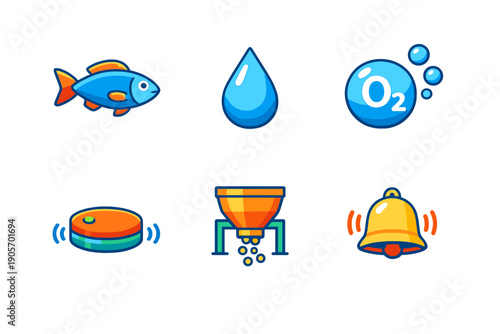 This collection of six vibrant vector icons illustrates aquarium management features like fish health, water quality, oxygenation, smart monitoring, feeding, and alert notifications.