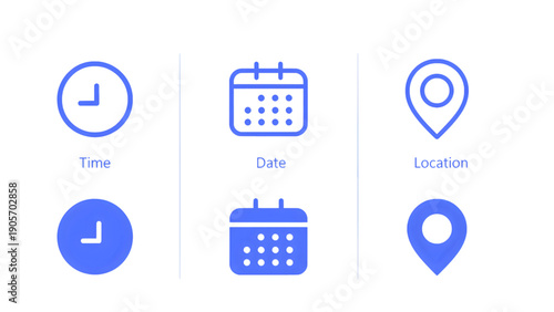 Icons representing time, calendar dates, and location markers for interface and app design.