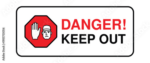 Horizontal "DANGER! KEEP OUT" Security Sign – Restricted Access Warning with Red Stop Octagon, Hand Signal, and Guard Icon