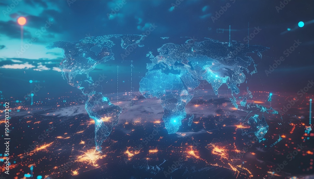 Obraz premium Global trends 2026 concept with world map and data overlays