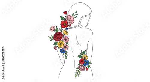 Female Silhouette with Colorful Floral Body Art Botanical Illustration, International Women's Day
