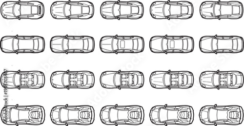 A detailed overhead perspective showcases an array of vehicles, including sedans, offering a unique composition of automotive designs.