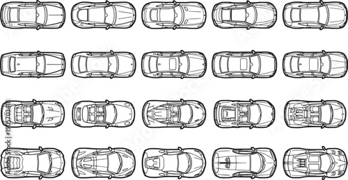 Variety of vehicles, captured in a clean, modern style, offering a visual feast for automotive enthusiasts. View from top.