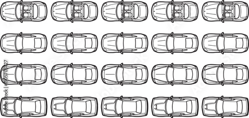 An array of stylish cars arranged in a visually pleasing pattern. Showcasing a top-down view of various car designs, providing a comprehensive display of automotive aesthetics.