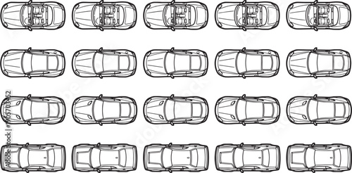 Top view array of cars arranged in neat rows, illustrating a range of automotive designs. showcasing variety of vehicle body style.
