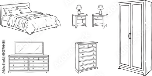 Elegant bedroom furniture collection rendered in a classic style with crisp lines, offering a complete set of bedroom furniture in a clean design.
