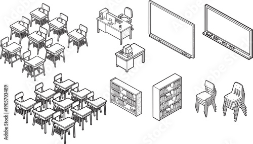 A Classroom Setup with Desks, Chairs, Tables, and Screens - A Black and White Line Drawing.