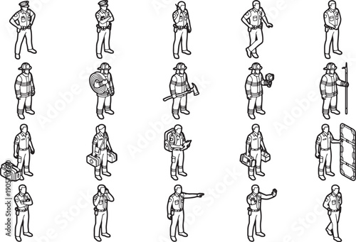 A collection of illustrations featuring a diverse array of emergency service personnel, rendered in a detailed and grayscale aesthetic.