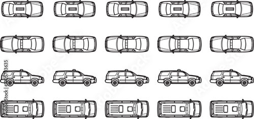 Line art illustration of a fleet of passenger vehicles. Depicting a series of cars from diverse perspectives, showcasing design details suitable for transport and industrial themes.