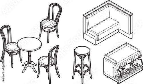 Vector illustration showcases various elements: bistro table and chairs, comfortable booth seating, and a sleek coffee machine, presenting a stylish cafe arrangement.