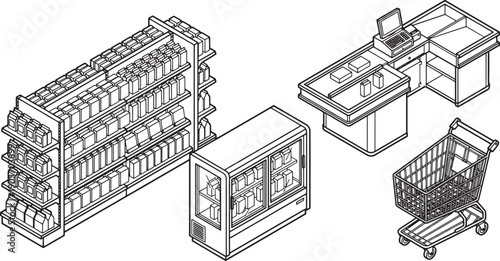 A detailed illustration of a supermarket interior, depicting essential elements for shopping.